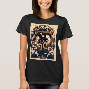 Camiseta Estilo Japonês Bonito Otter Yin Yang Otter Cherry 