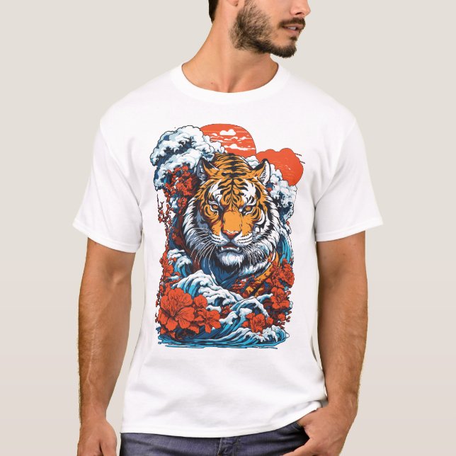 Camiseta Estilo Japonês do Oceano 1 - Tigre Branco (Frente)