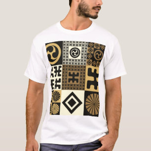 Camiseta estilo japonês, padrões sem costura de ouro preto.