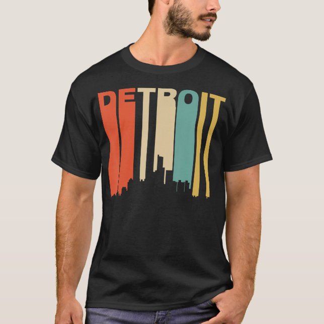 Camiseta Estilo Retro 1970 Detroit Michigan Skyline (Frente)