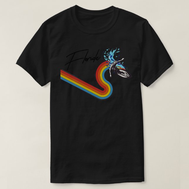 Camiseta Estilo retrô-70s80s Rainbow Surfing Florida (Frente do Design)