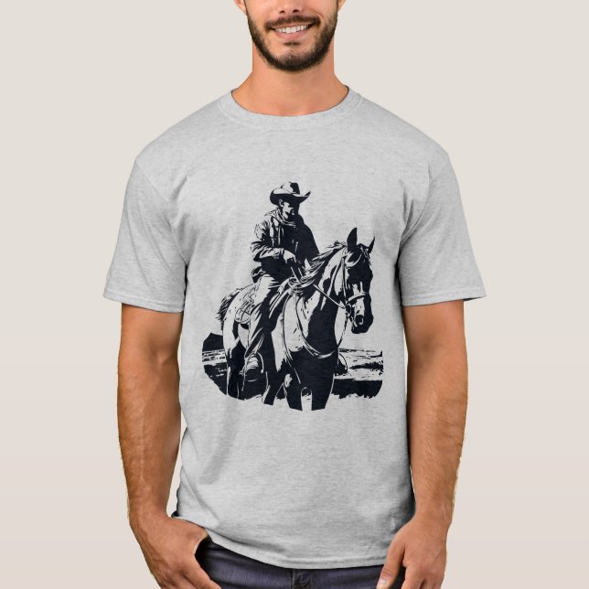 Camiseta Estilo Retro - Homem-Vaqueiro em Cavalo-de-cavalo (Frente)