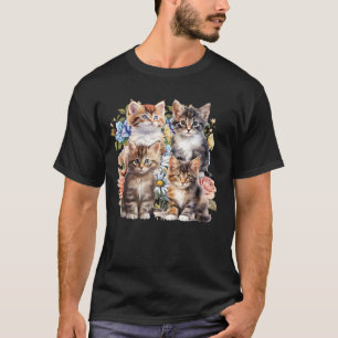 Camiseta Estilo Rústico Gatinho Fofo Flor Amante de Gatos A