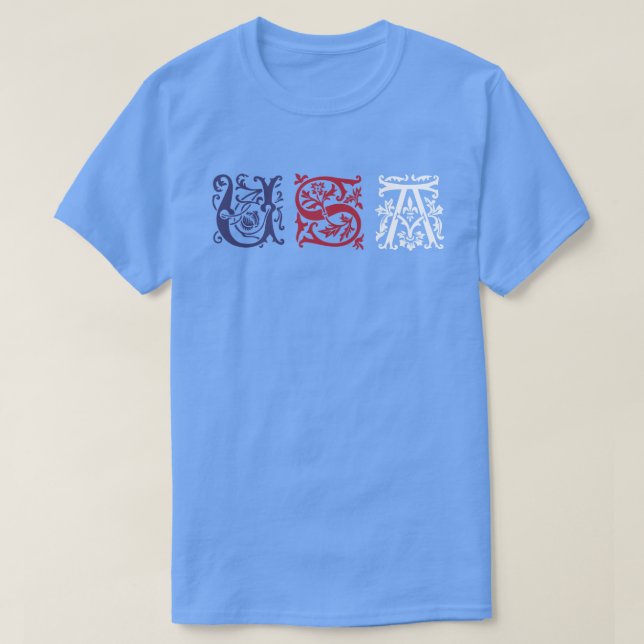 Camiseta Estilo Século XVI - letras decorativas EUA (Frente do Design)
