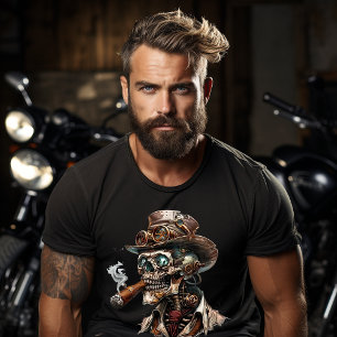 Camiseta Estilo Steampunk Skeleton com Charuto