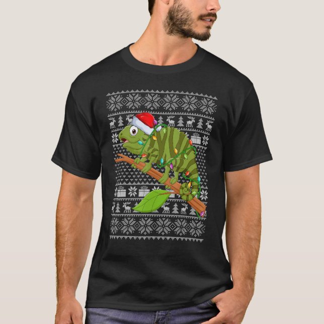 Camiseta Estilo Suave Feio Luzes Xmas Papais noeis Iguana C (Frente)