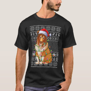 Camiseta Estilo Suave Feio Luzes Xmas Papais noeis Sheepdog