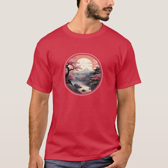 Camiseta Estilo Ukiyo-e do Cenário Sakura Japonês (Frente)