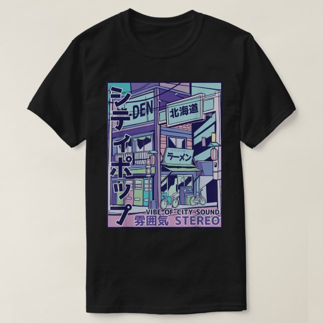 Camiseta Estilo Vaporwave Pop da Cidade 80s Japonês E (Frente do Design)
