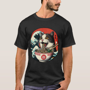 Camiseta Estilo Vintage de Arte Japonês Cat Ramen
