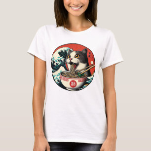 Camiseta Estilo Vintage de Arte Japonês Cat Ramen