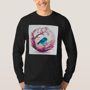 Camiseta Estilo Vintage Japonês Pássaro Azul e Flor de Cere