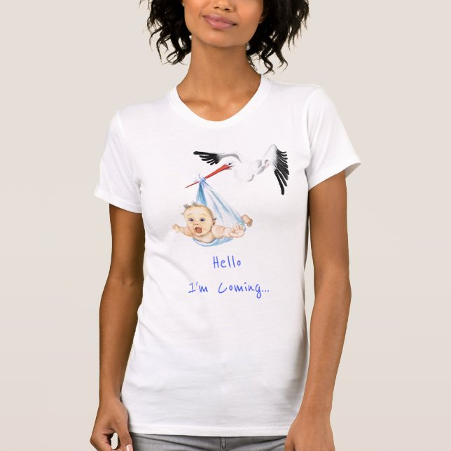 Camiseta Estou a caminho. Bebê do Carregando Stork Engraçad (Frente)