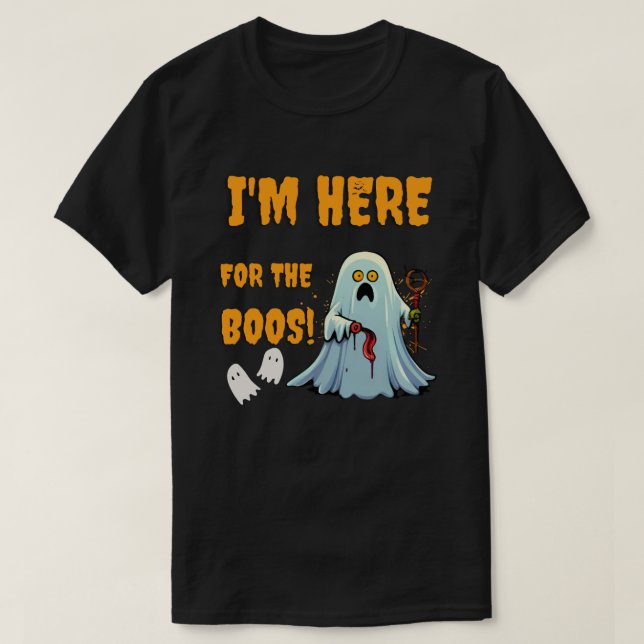 Camiseta Estou aqui pelos Boos! - DIA DE AS BRUXAS ENGRAÇAD (Frente do Design)