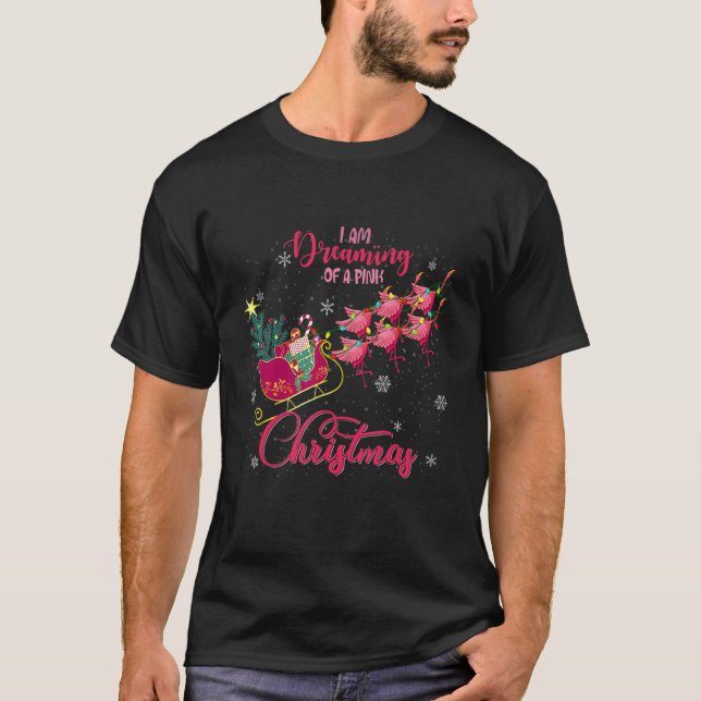 Camiseta Estou Sonhando com um Flamingo de Natal rosa (Frente)