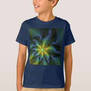 Camiseta Estrela Abstrata, Arte Fractal Dourada Azul Verde 
