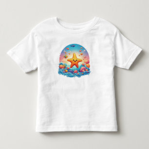 Camiseta Estrela-do-mar Sorridente e Fofa Desenho na Praia