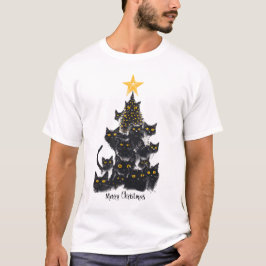 Camiseta Estrelas de Design de Árvore de Natal de Gato Negr
