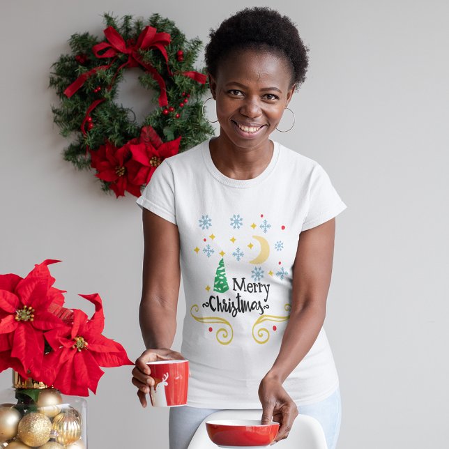Camiseta Estrelas, Lua, Flocos de Neve e Feliz Natal Mulher (Stars, Moon, Snowflakes & Merry Christmas Women's T-Shirt)