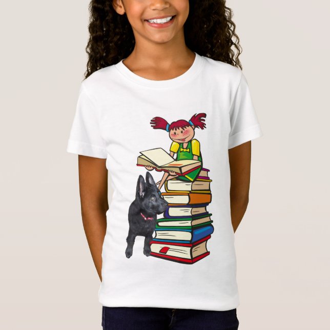 Camiseta Estudo Buddy GSD Puppy e School Girl em livros (Frente)