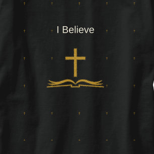 Camiseta Eu Acredito Cruz Dourada e Inspiração Bíblica