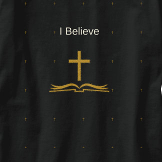 Camiseta Eu Acredito Cruz Dourada e Inspiração Bíblica