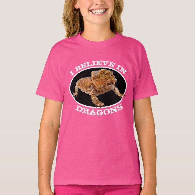 Camiseta "Eu acredito em dragões" com dragão barbudo (Frente)