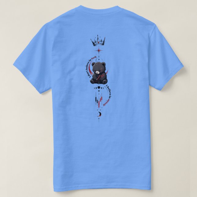 Camiseta Eu Acredito em Mim Urso Trader de Capa Preta (Verso do Design)