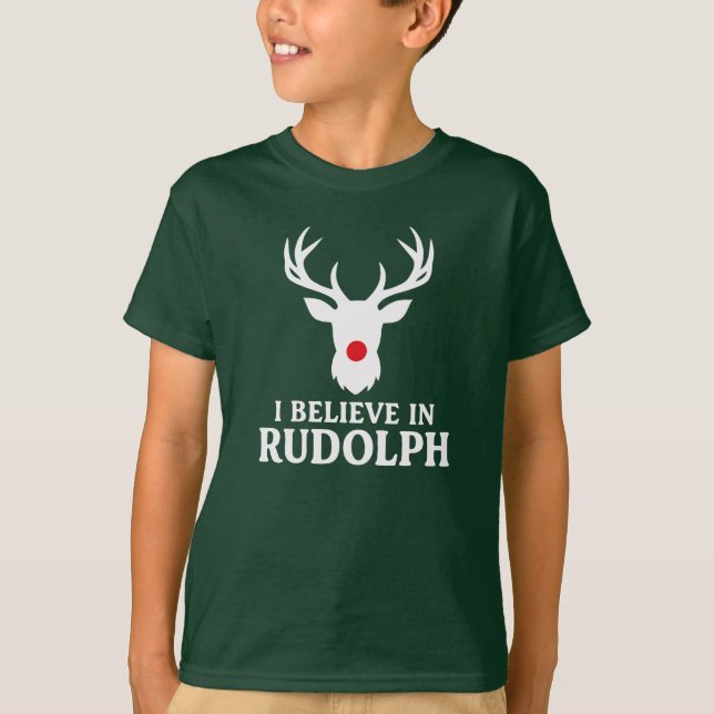 Camiseta Eu acredito em Rudolph, tema de Natal (Frente)