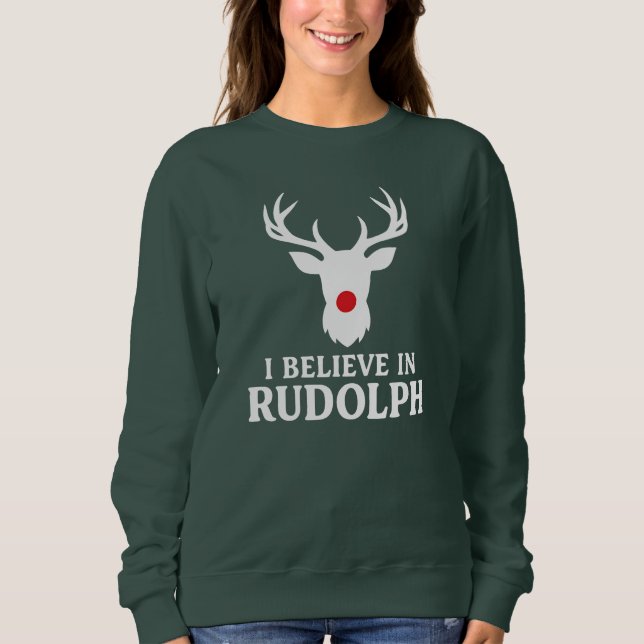 Camiseta Eu acredito em Rudolph, tema de Natal (Frente)