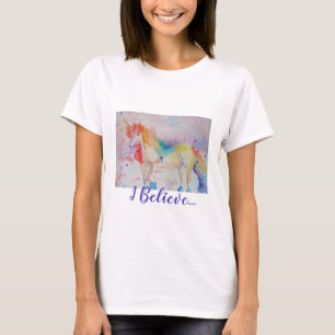 Camiseta Eu Acredito Em Unicórnios Mulheres Aquarelas T Shi