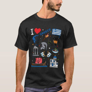 Camiseta Eu Adoro A Grécia Desenhando Marcas Gregas E