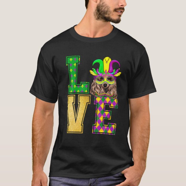 Camiseta Eu Adoro Cachorro Mardi Gras Máscara Costume Engra (Frente)