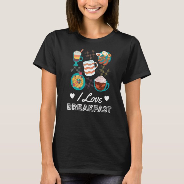 Camiseta Eu adoro café da manhã Ovos de Bacon Waffles Comid (Frente)