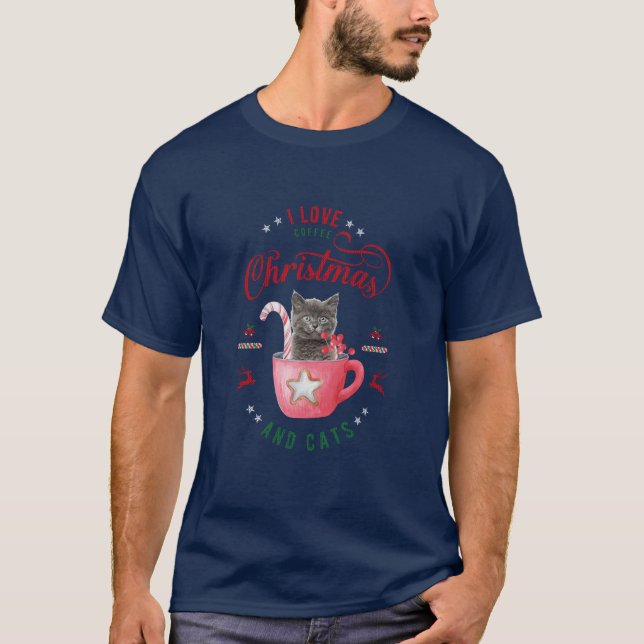 Camiseta Eu adoro Café Natal e Gatos Felizes (Frente)