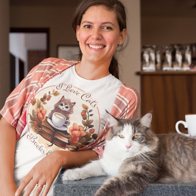 Camiseta Eu adoro gatos, livros e café (Criador carregado)