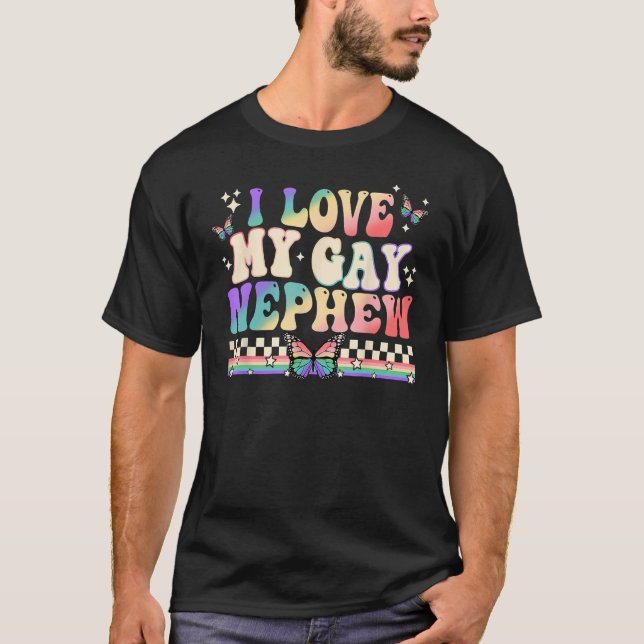 Camiseta Eu adoro o meu sobrinho Gay Groovy LGBT LGBT Rainb (Frente)