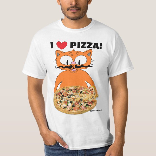 Camiseta Eu adoro pizza! Gato Engraçado de Cartoon com bigo (Frente)