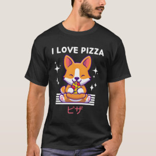 Camiseta Eu Adoro Pizza Kawaii Corgi Come Pizza Anim Japonê