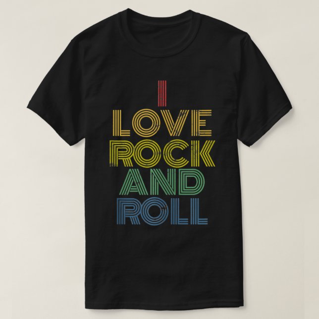 Camiseta Eu adoro Rock and Roll angustiado arco-íris 70 e 8 (Frente do Design)