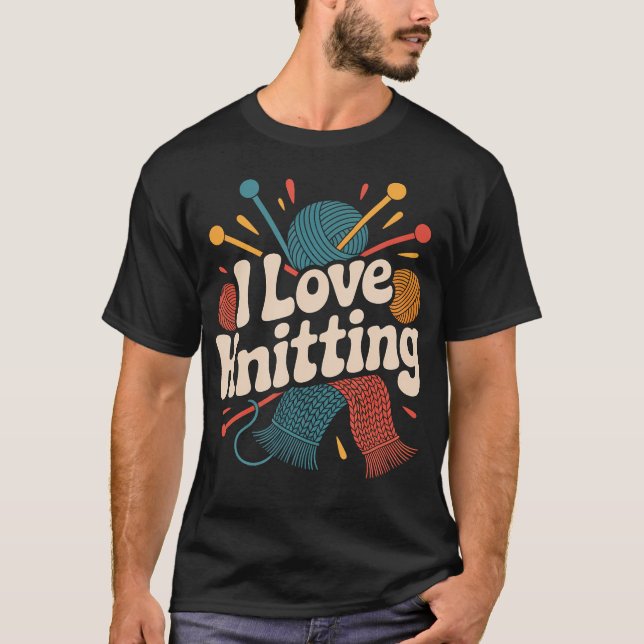Camiseta Eu Amo Agulhas de Lã para Tricô Cachecol Diversão (Frente)