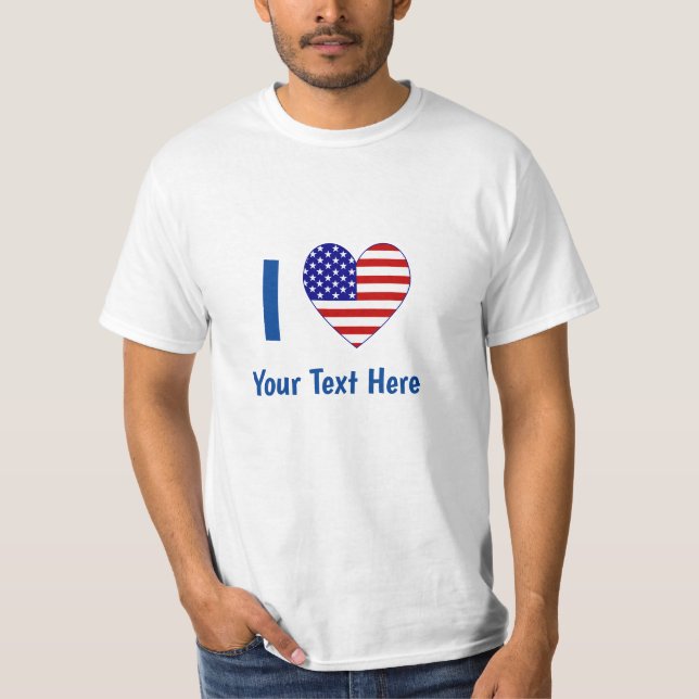Camiseta Eu Amo (Bandeira dos EUA Coração) Seu Texto Azul (Frente)