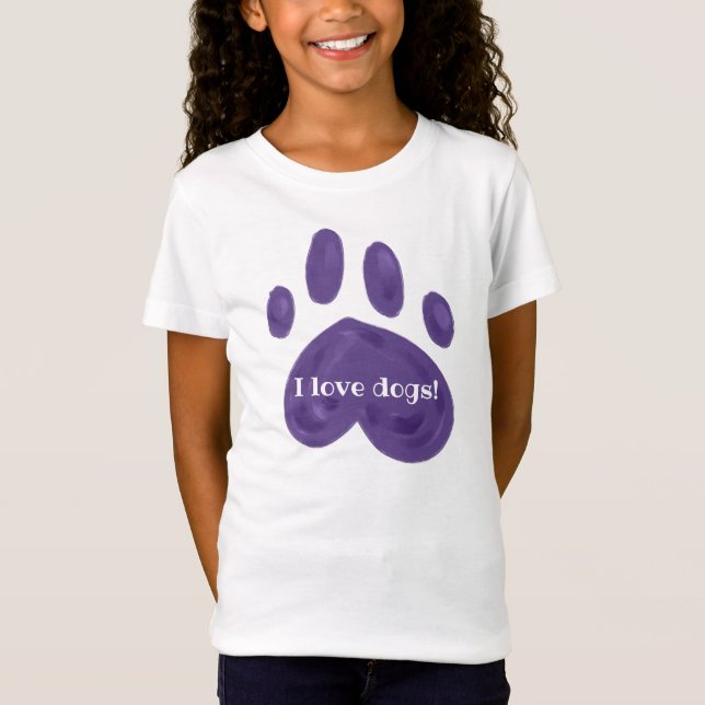 Camiseta "Eu Amo Cachorros!" Impressão de Pata Roxa (Frente)