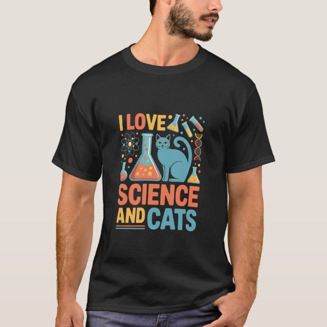 Camiseta Eu Amo Ciência e Gatos Expressão Entusiástica (Frente)