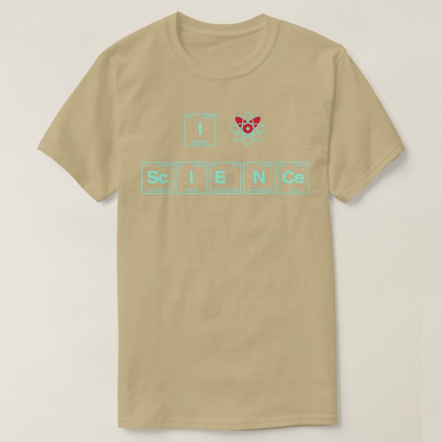 Camiseta EU AMO CIÊNCIA escrita em Elementos de Mesa Periód (Frente do Design)