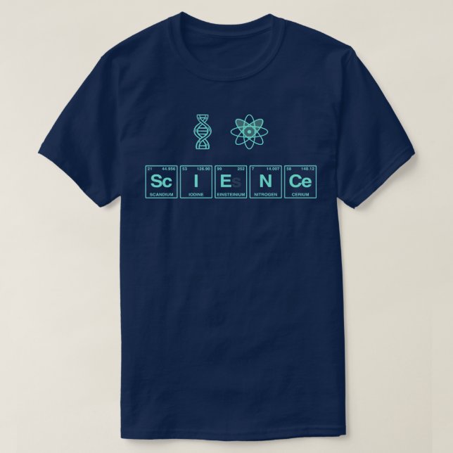 Camiseta EU AMO CIÊNCIA escrita em Elementos de Mesa Periód (Frente do Design)