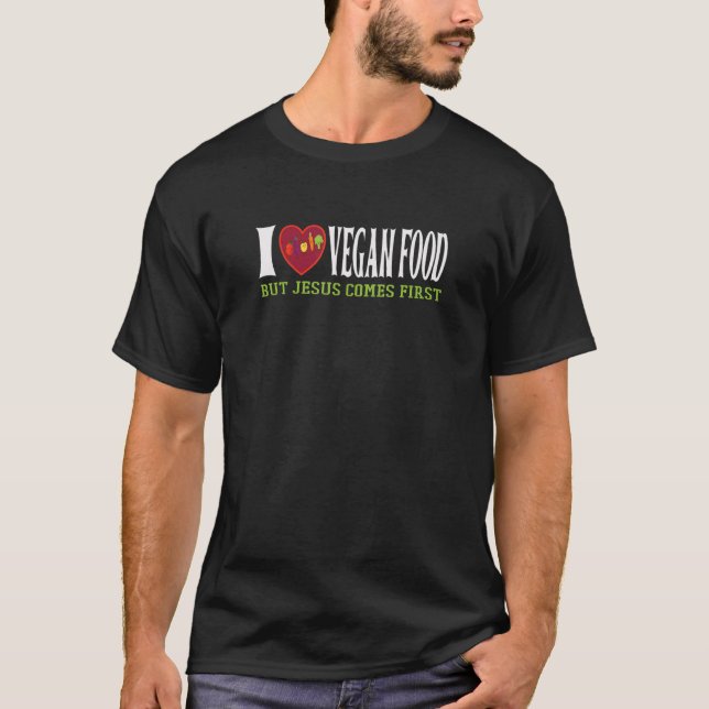 Camiseta Eu Amo Comida Vegana Jesus Cristão Baseado em Plan (Frente)