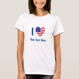 Camiseta Eu Amo (Coração da Bandeira dos EUA) Seu Texto Azu