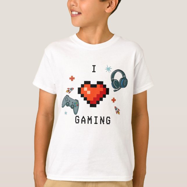 Camiseta Eu Amo Coração de Pixel de Jogos Infantil (Frente)