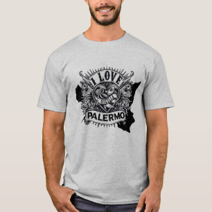 Camiseta Eu Amo Design de Estilo de Tatuagem Palermo Sicili